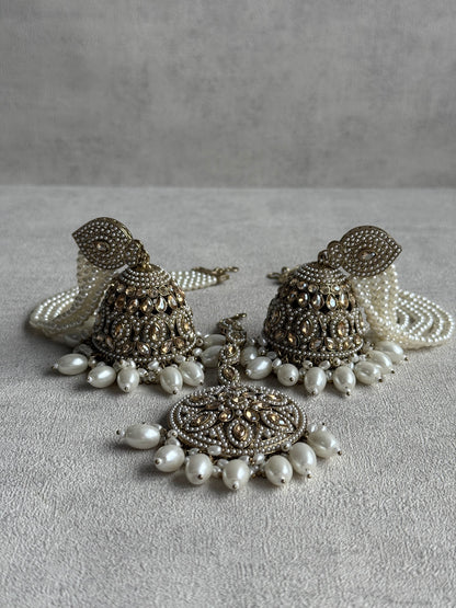 Ayura Designs Amrita Set – Jhumkis with Sahare & Tikka in Ivory Pearls and Antique Gold Finish