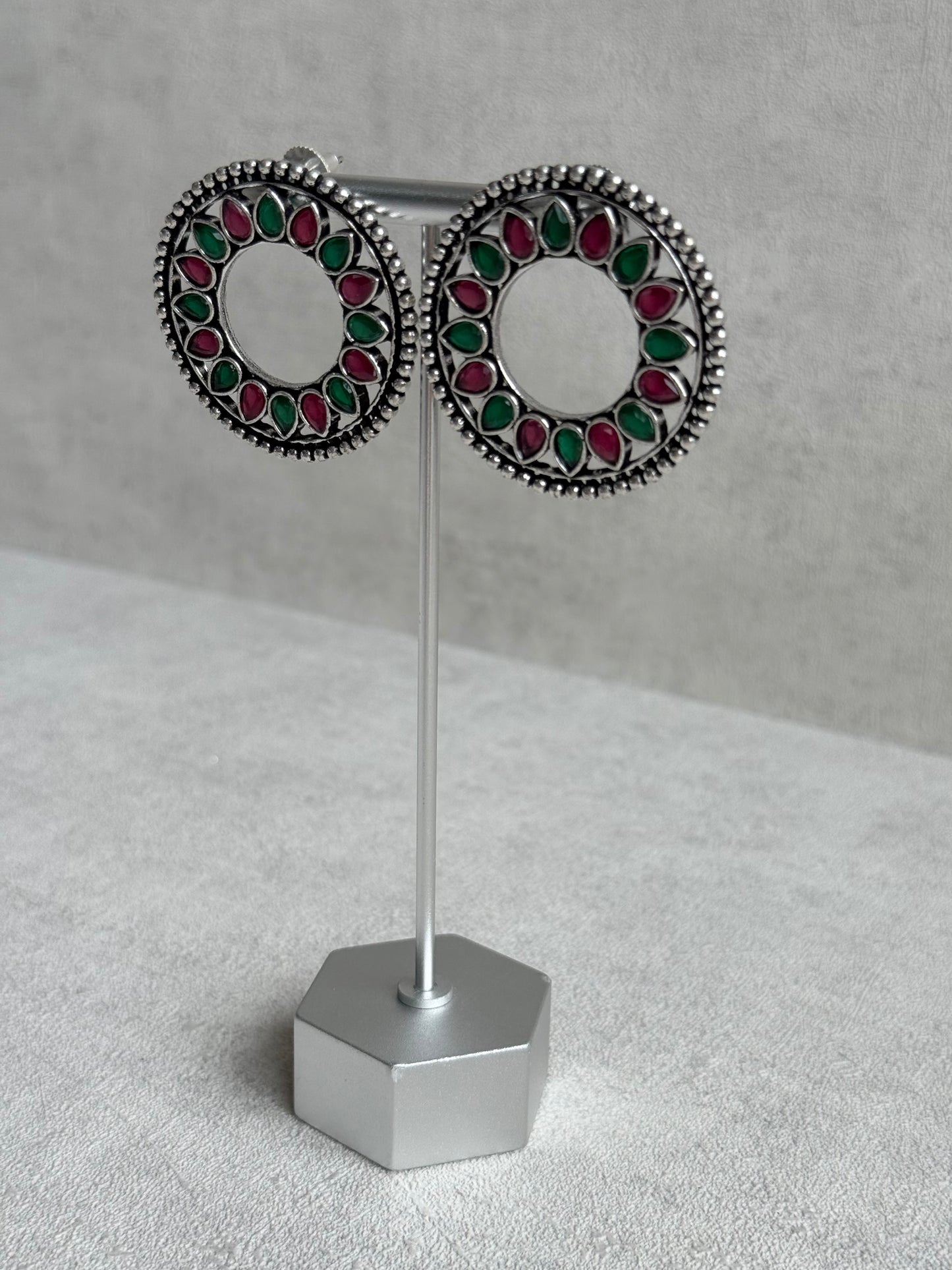 Ayura Designs Kesar Studs – Statement Oxidised Stud Earrings with Ruby Pink & Emerald Stones