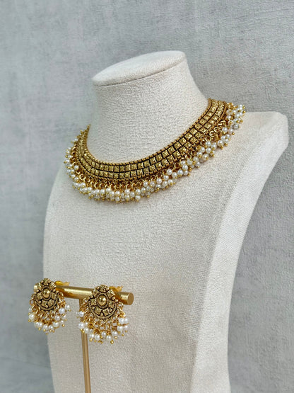 Ayura Designs Ranya Set – Antique Gold Necklace with Stud Earrings & Pearl Detailing