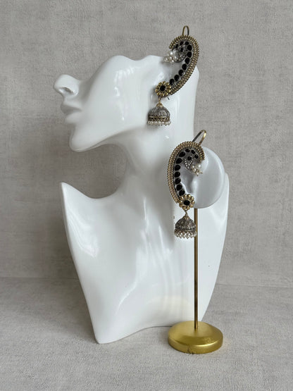 Ayura Designs Koyal Jhumkis – Oxidised Dual Tone Ear Climber Jhumkis with Black Kundan & Pearl Detailing