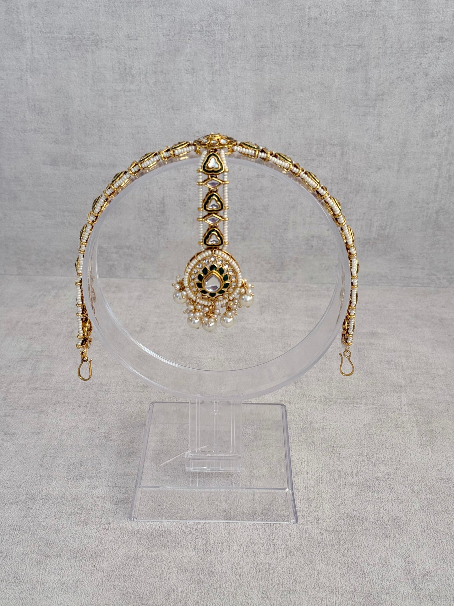 Ayura Designs Kassu Tikka Sheeshphool – Kundan & Green Enamel Headpiece with Pearl Drops