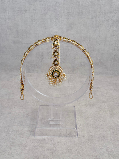Ayura Designs Kassu Tikka Sheeshphool – Kundan & Green Enamel Headpiece with Pearl Drops