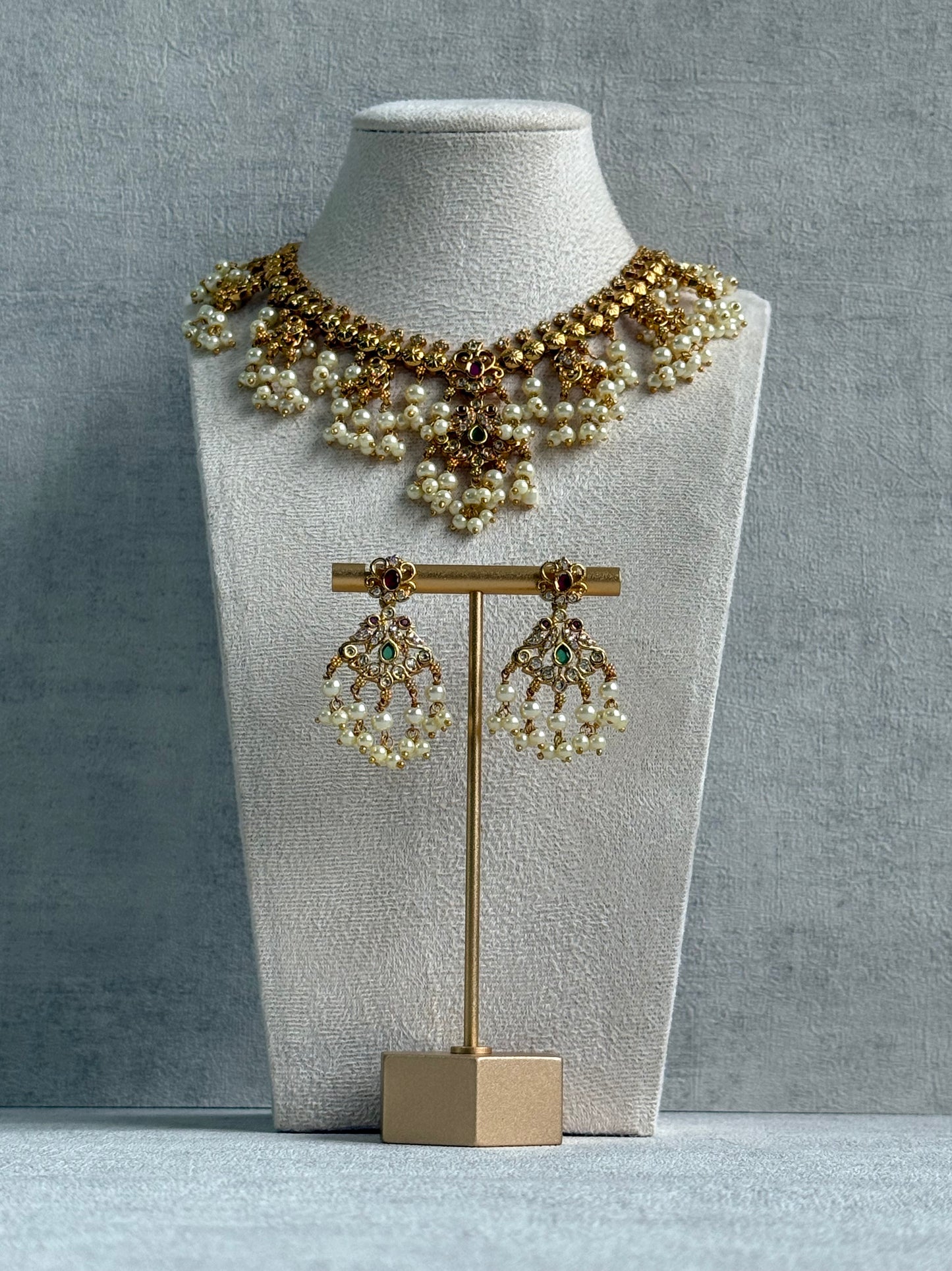 Ayura Designs Tanvi Set – Antique Gold Necklace & Earrings with Kundan, Ruby, Emerald & Pearl Detailing