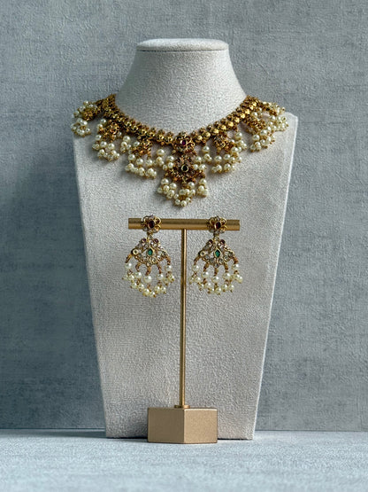 Ayura Designs Tanvi Set – Antique Gold Necklace & Earrings with Kundan, Ruby, Emerald & Pearl Detailing