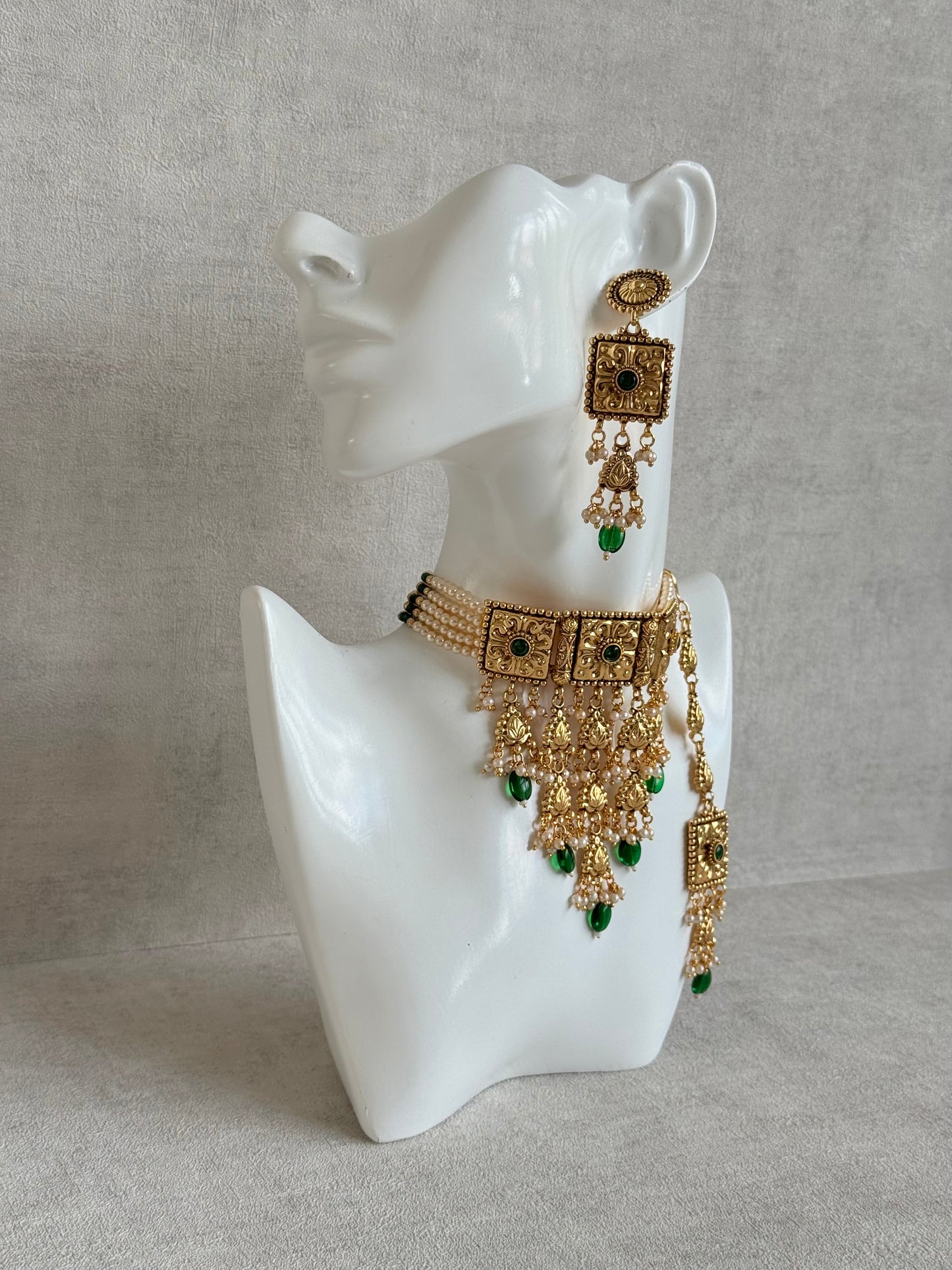 Ayura Designs Nimrah Choker Set with Earrings & Tikka – Emerald Green Gold Tone Waterfall Jewellery Set