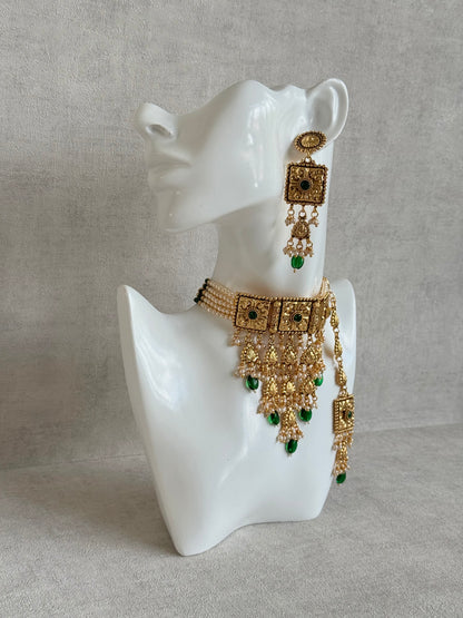 Ayura Designs Nimrah Choker Set with Earrings & Tikka – Emerald Green Gold Tone Waterfall Jewellery Set