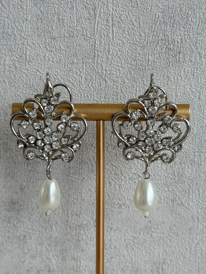 Ayura Designs Alina Choker Set with Earrings & Tikka – Silver Crystal Floral Choker with Pearl Drops