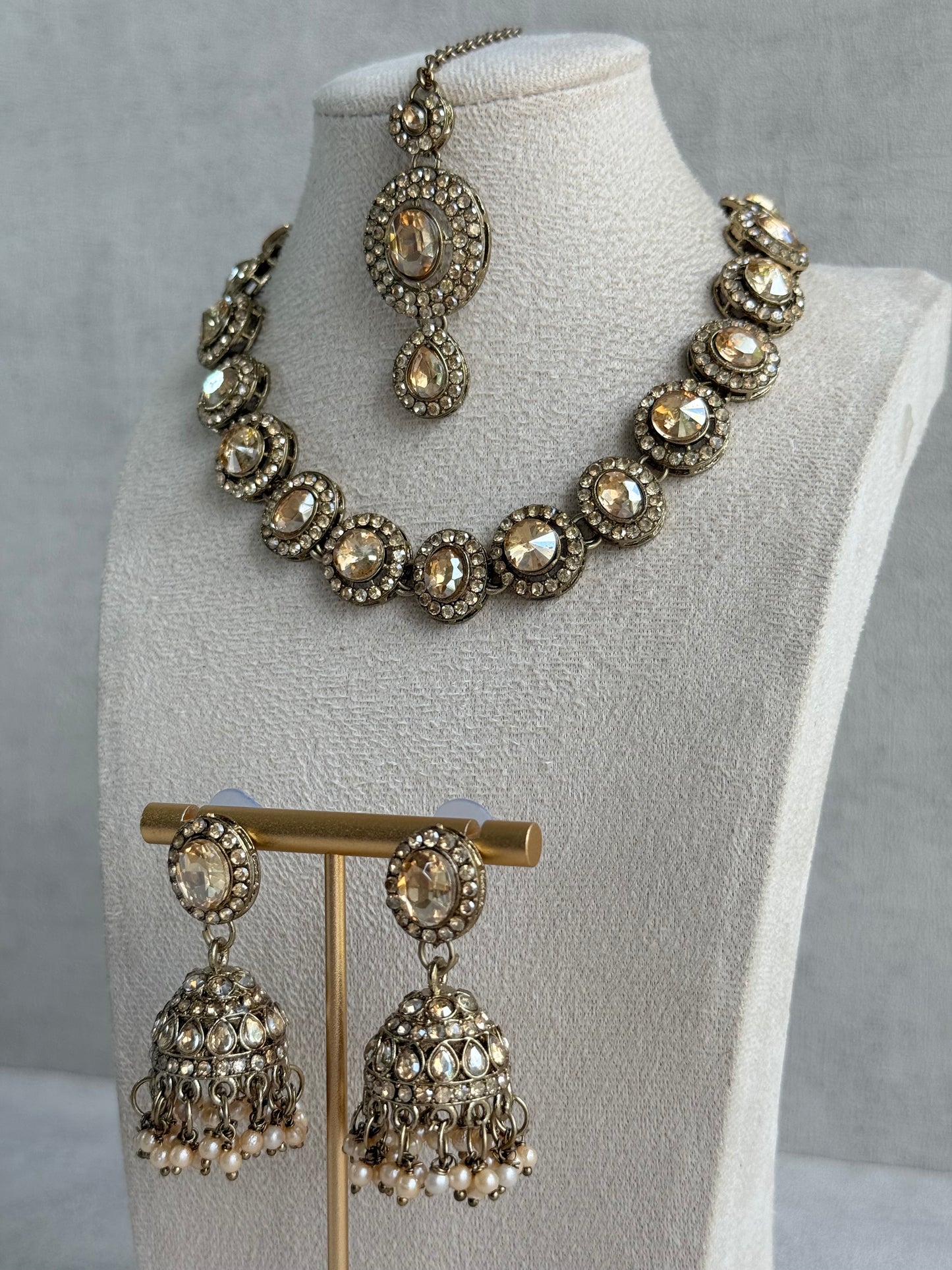 Ayura Designs Eira Necklace Set with Earrings & Tikka – Champagne Gold Crystal Stones with Antique Gold Finish