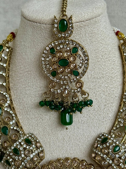 Ayura Designs Aleeza Set with Jhumkis & Tikka – Antique Finish with Champagne Polki Stones, Emerald Detailing & Beaded Drops