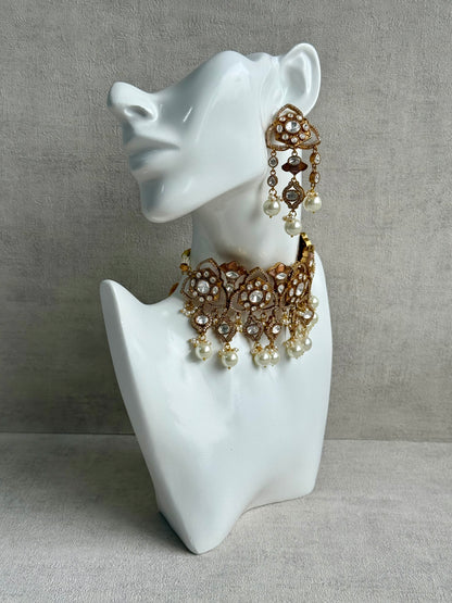 Ayura Designs Serina Choker Set with Earrings – Nude Blush Enamel, Mirror-Cut Stones & Pearl Drops