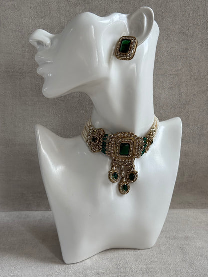 Ayura Designs Nabiha Choker Set with Studs – Emerald Green Stones, Pearl Detailing & Antique Gold Finish
