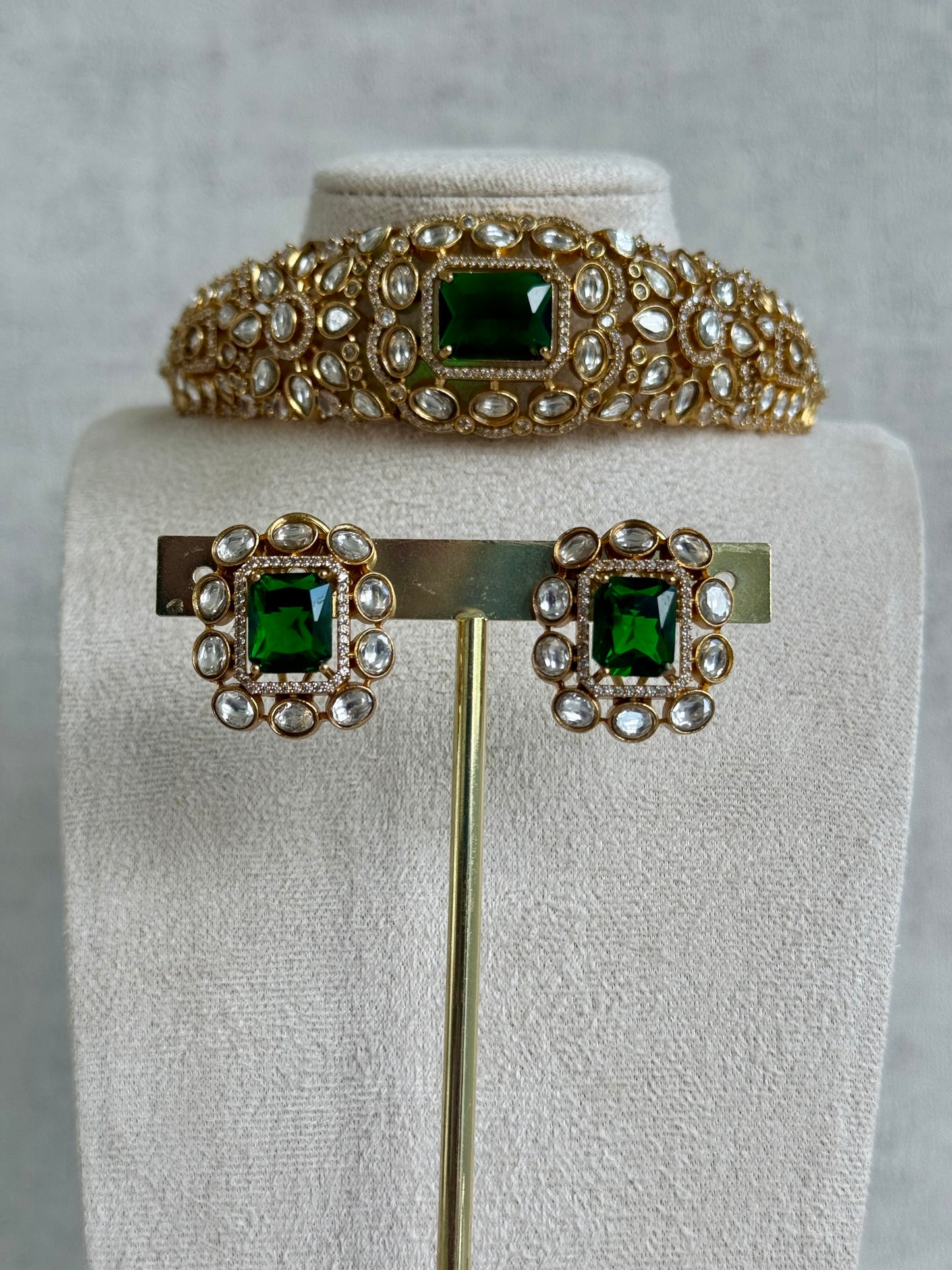 Ayura Designs Akasha Choker Set with Stud Earrings – Emerald Green Moissanite Stones & Antique Gold Finish