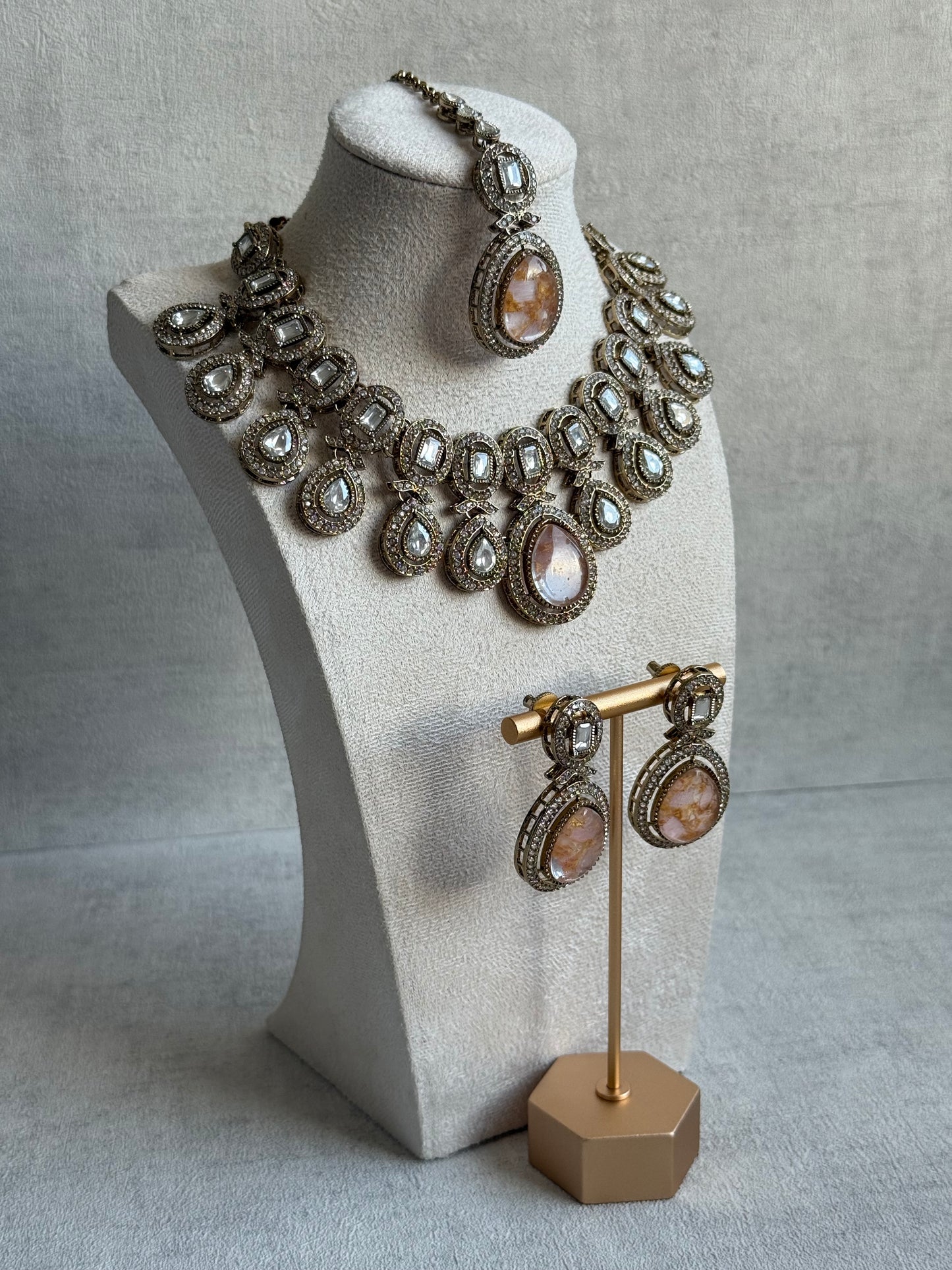 Ayura Designs Aurora Set with Earrings & Tikka – Peach & Ivory Stone with Mirror-Cut Accents in Antique Gold Finish