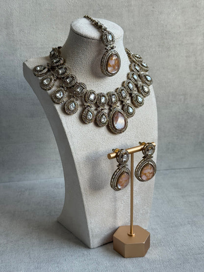 Ayura Designs Aurora Set with Earrings & Tikka – Peach & Ivory Stone with Mirror-Cut Accents in Antique Gold Finish