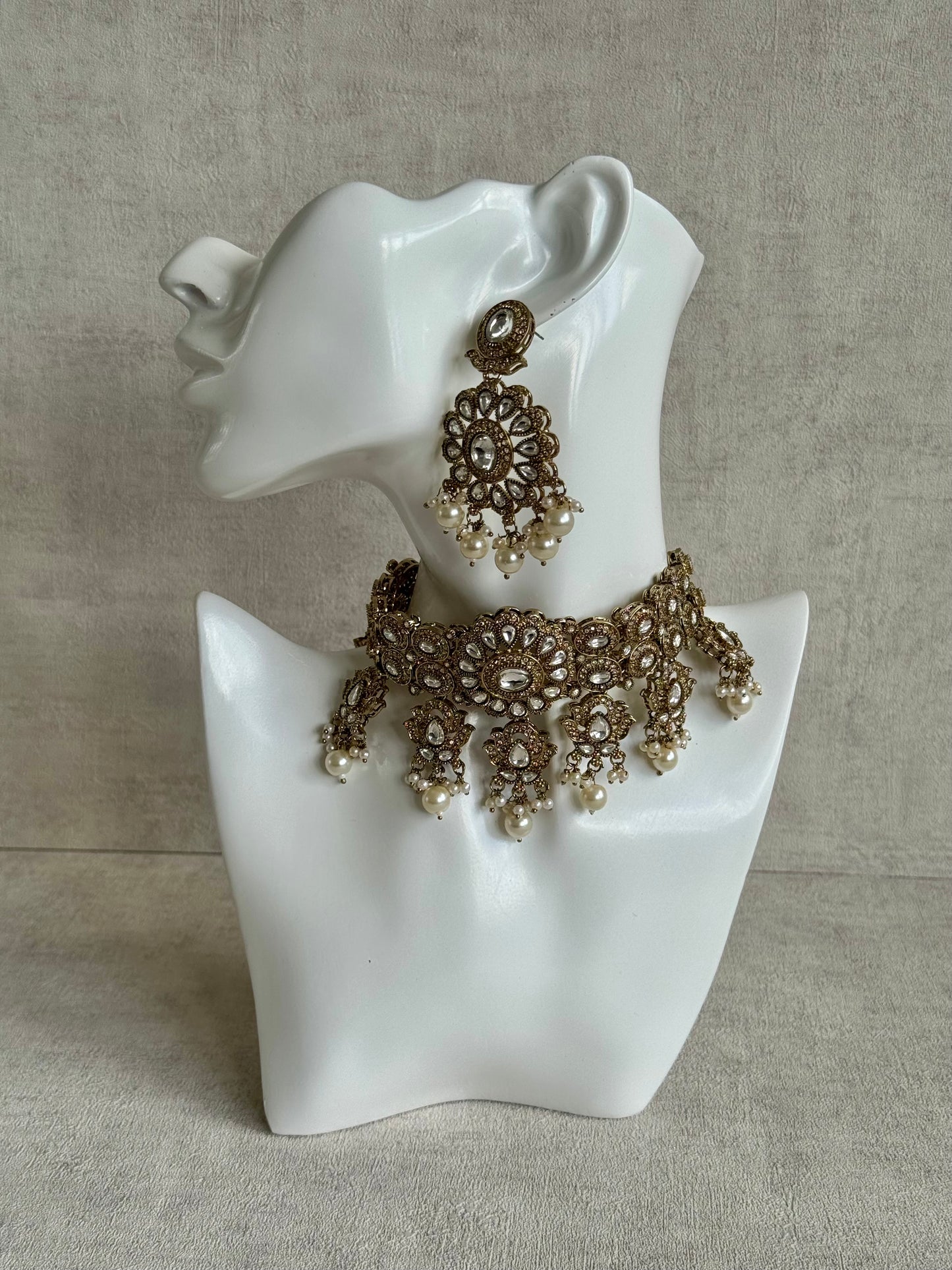 Ayura Designs Nevaya Set with Choker, Earrings & Tikka – Antique Gold with Mirror-Cut Stones & Pearl Drops