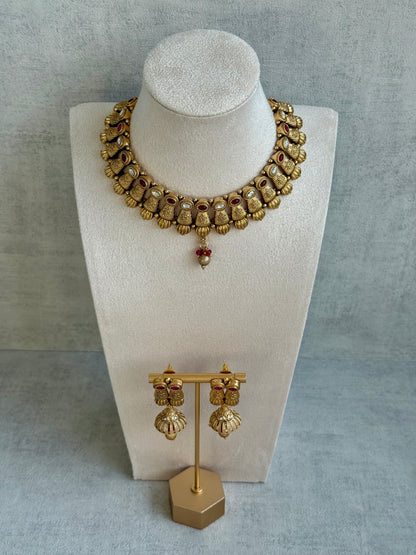 Ayura Designs Aima Necklace Set with Earrings – Antique Gold with Rani Pink Stones