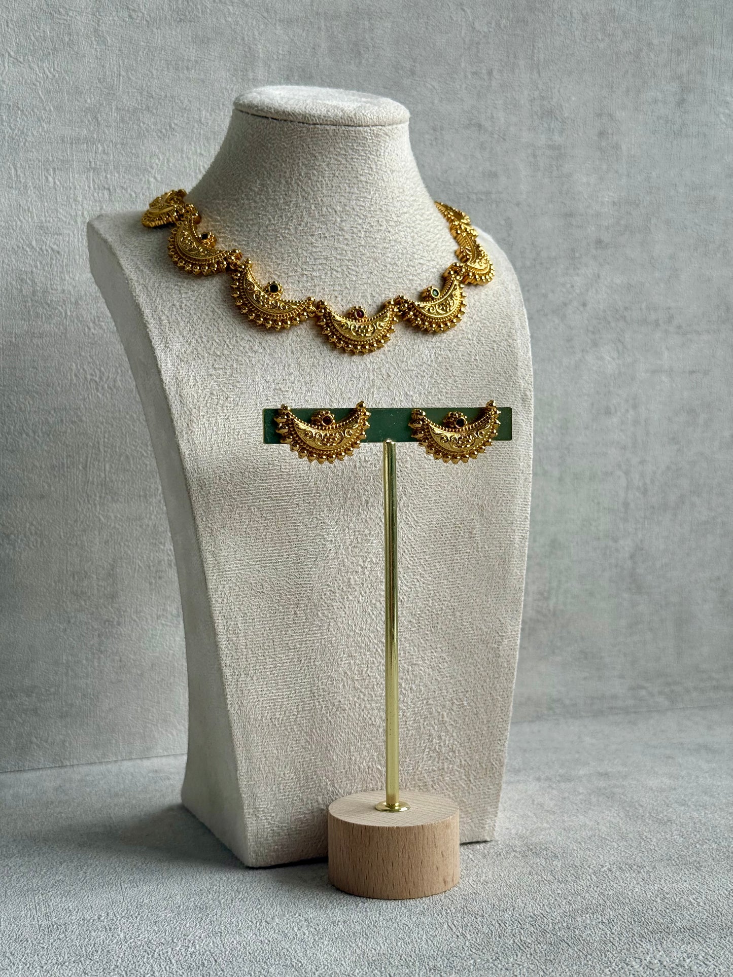 Ayura Designs Dhun Set – Necklace & Earrings with Antique Gold Crescent Motifs, Rani Pink & Emerald Detailing