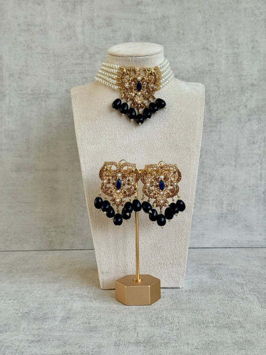 Ayura Designs Nura Choker Set with Earrings – Midnight Blue Drops & Ivory Pearls
