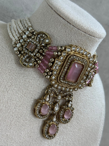 Ayura Designs Nabiha Choker Set with Studs – Blush Pink Stones, Pearl Detailing & Antique Gold Finish