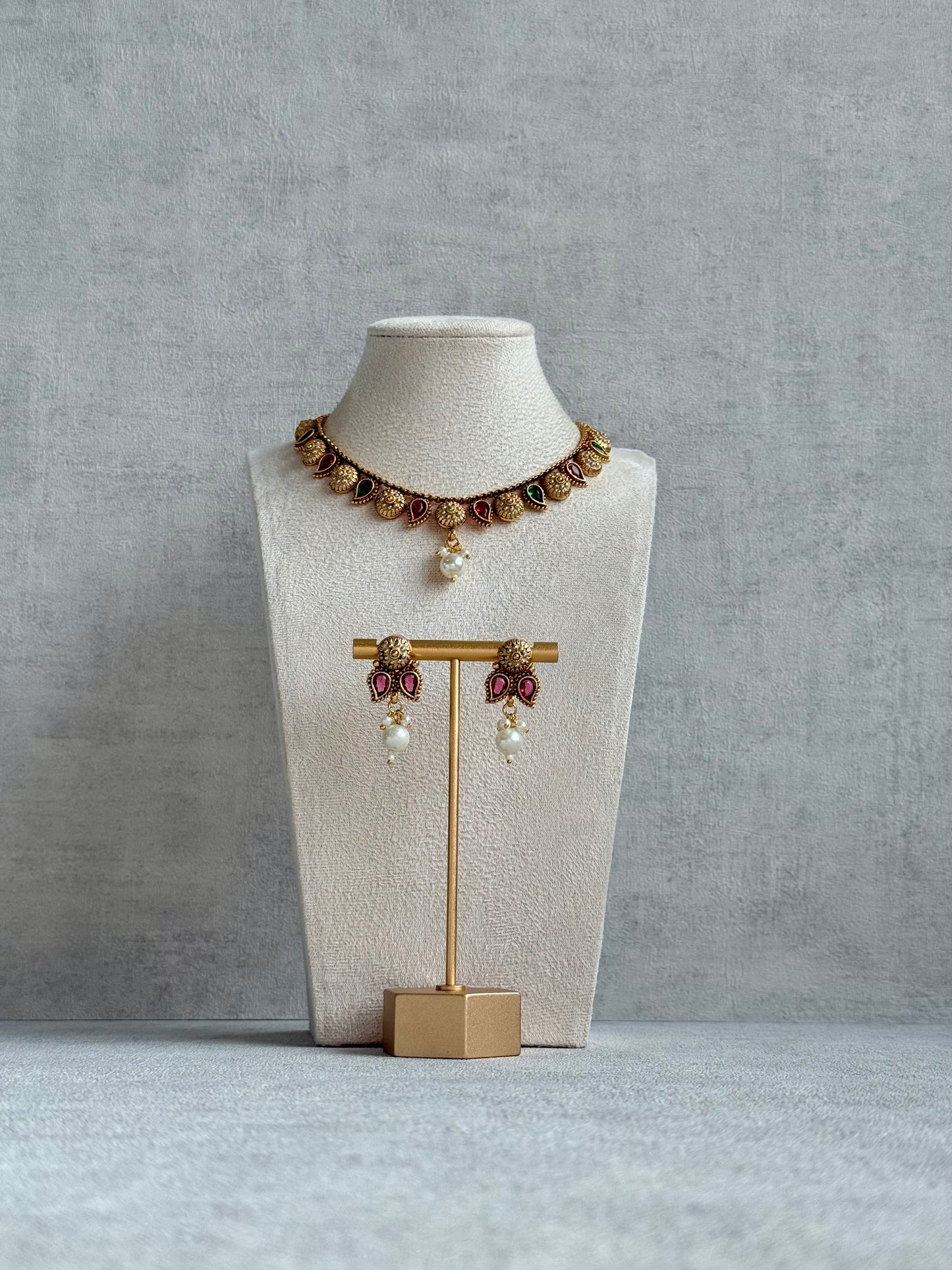 Ayura Designs Mayura Necklace Set with Earrings – Antique Gold Meenakari Motifs with Pearl Drop & Rani Pink and Emerald Green Stones