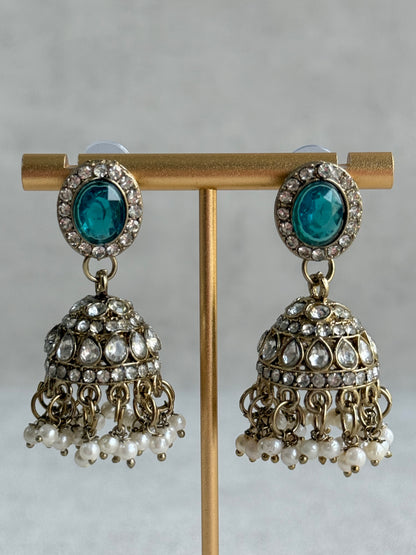 Ayura Designs Eira Necklace Set with Earrings & Tikka – Teal & Crystal Stones with Antique Gold Finish