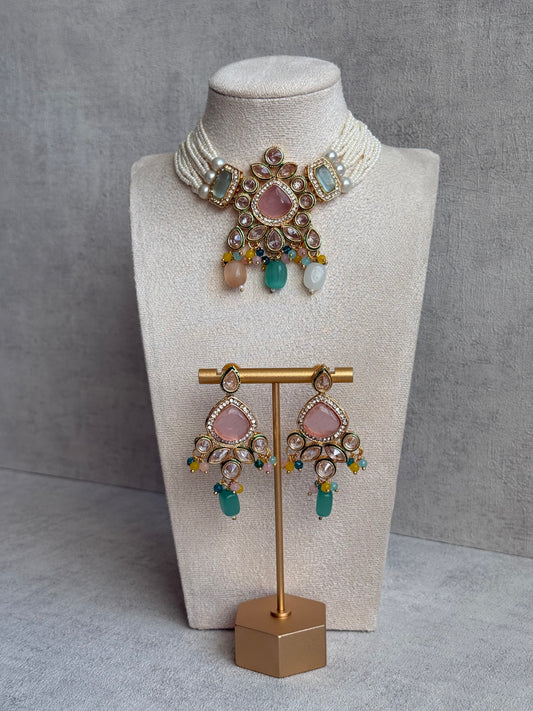 Ayura Designs Paheli Set with Earrings – Multicolour Stones, Kundan Detailing & Pearl Strands