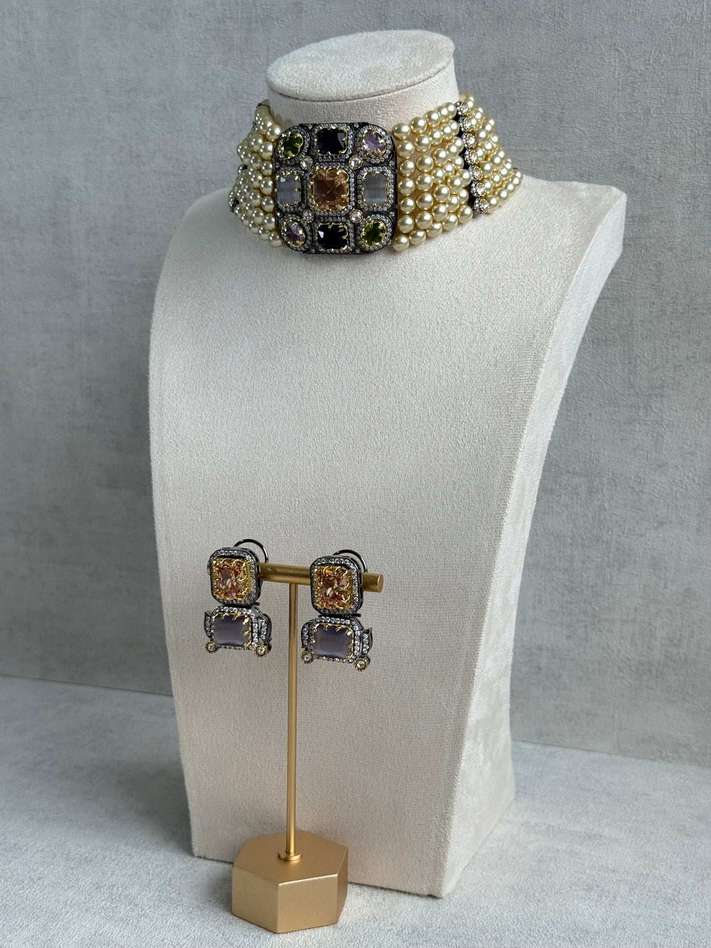 Ayura Designs Amelia Choker Set with Earrings – Moissanite Stonework with Layered Pearls in Antique Silver Finish (Soft Pastel Mix)