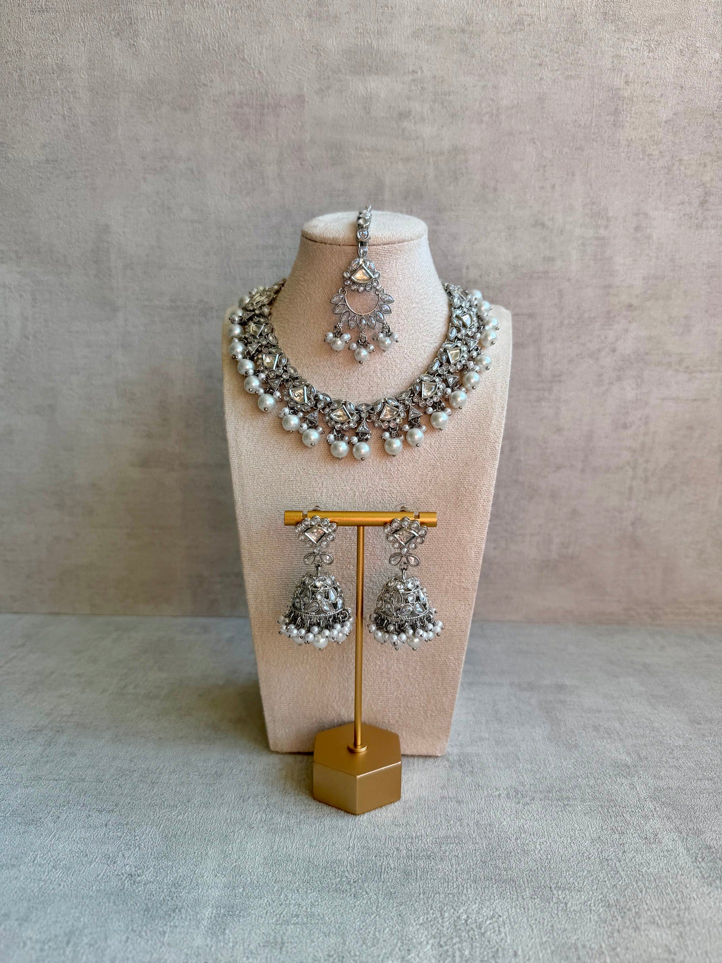 Ayura Designs Fozia Set with Necklace, Jhumkis & Tikka – Mirror-Cut Stones & Pearl Detailing in Silver Finish