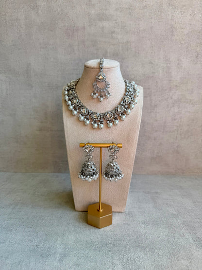 Ayura Designs Fozia Set with Necklace, Jhumkis & Tikka – Mirror-Cut Stones & Pearl Detailing in Silver Finish