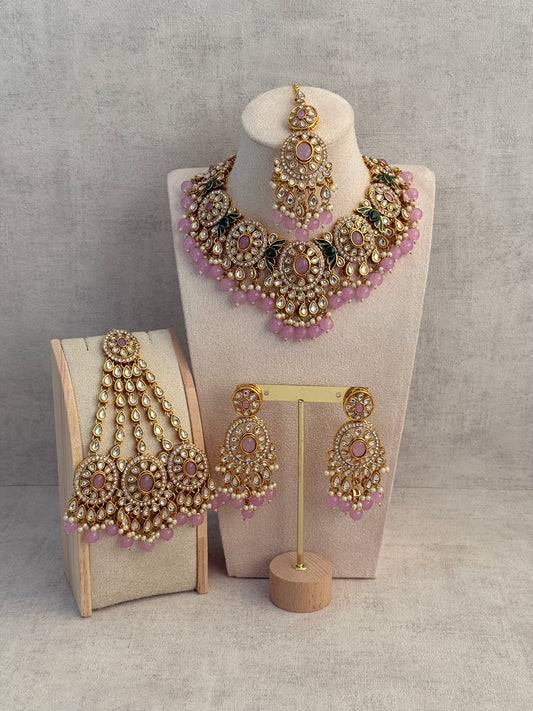 Ayura Designs Zara Set with Necklace, Earrings, Tikka & Passa – Antique Gold with Kundan Detailing & Lilac Stones & Beads