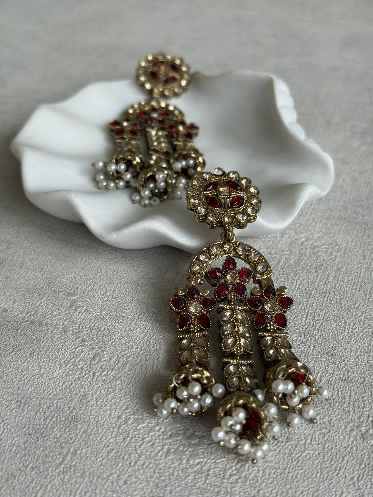 Ayura Designs Soraya Earrings – Ruby Red Stones, Champagne Crystals, Pearl Detailing & Gold Finish