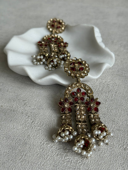Ayura Designs Soraya Earrings – Ruby Red Stones, Champagne Crystals, Pearl Detailing & Gold Finish