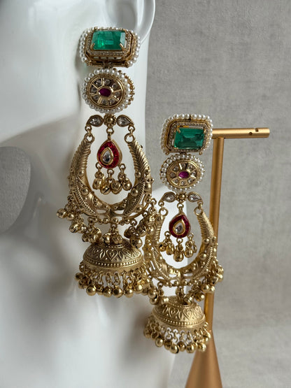 Ayura Designs Zirwa Earrings – Statement Jhumkis with Jade Green Stones, Ruby Accents, Pearl Borders & Ghungroos