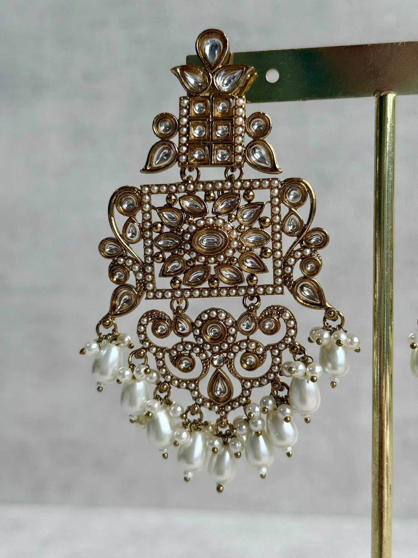 Ayura Designs Arwa Earrings – Antique Gold Finish with Mirror-Cut Stones & Ivory Pearl Drops
