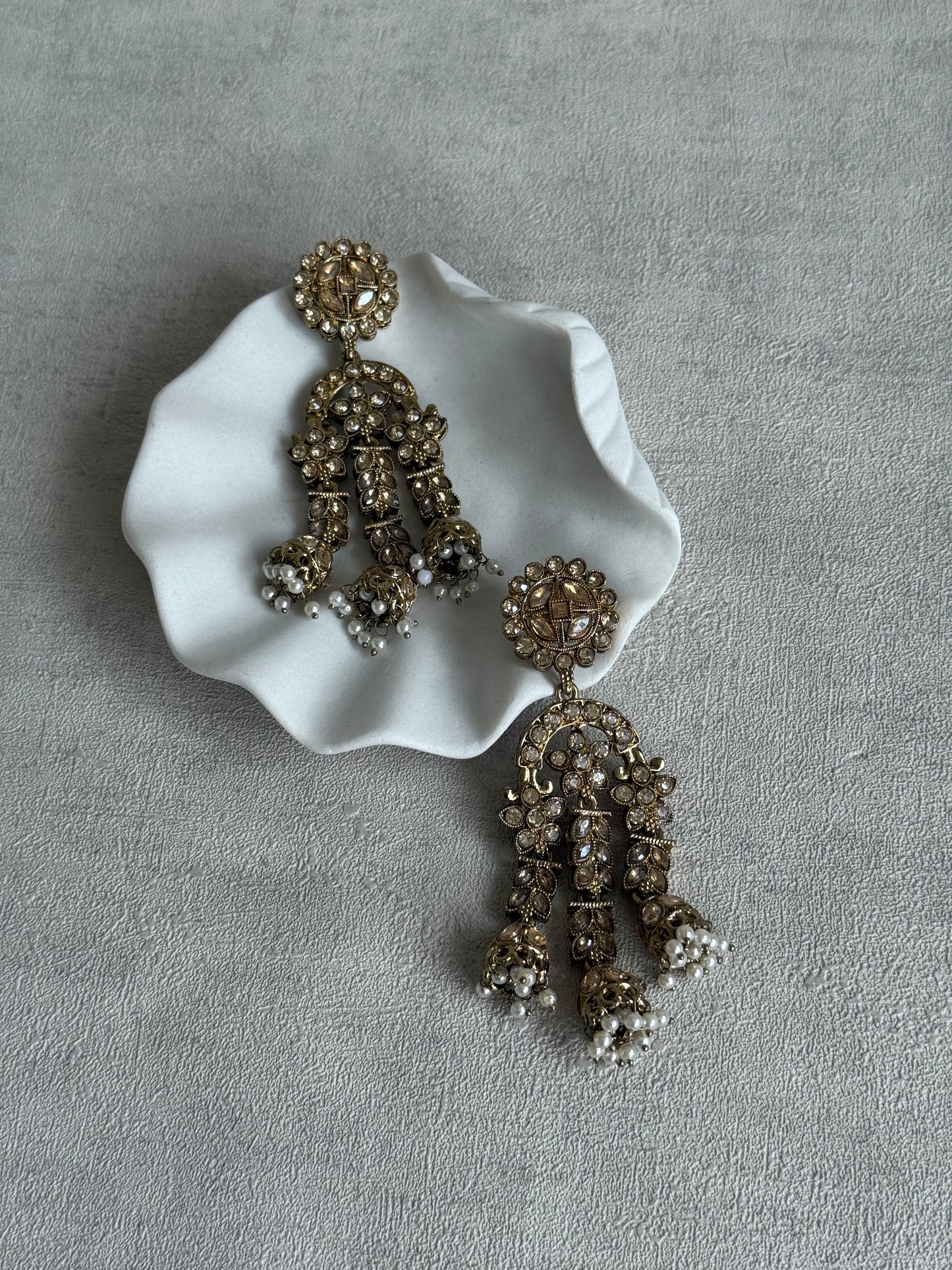 Ayura Designs Soraya Earrings – Champagne Stones, Mirror-Cut Crystals, Pearl Detailing & Gold Finish