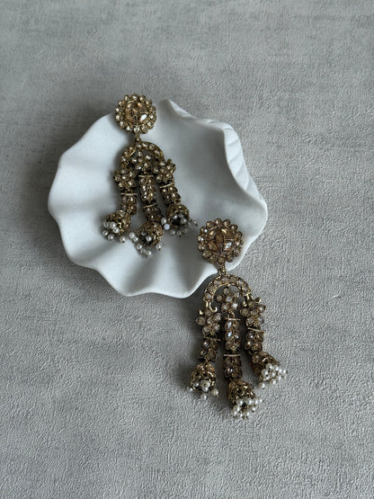 Ayura Designs Soraya Earrings – Champagne Stones, Mirror-Cut Crystals, Pearl Detailing & Gold Finish