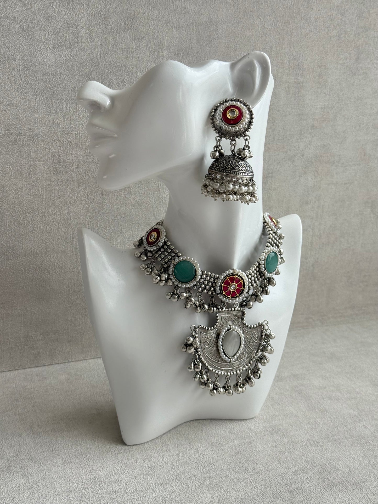 Ayura Designs Zareefa Necklace Set with Jhumkis – Oxidised Silver Pendant Necklace with Multicolour Stones, Pearl Detailing & Ghungroo Accents
