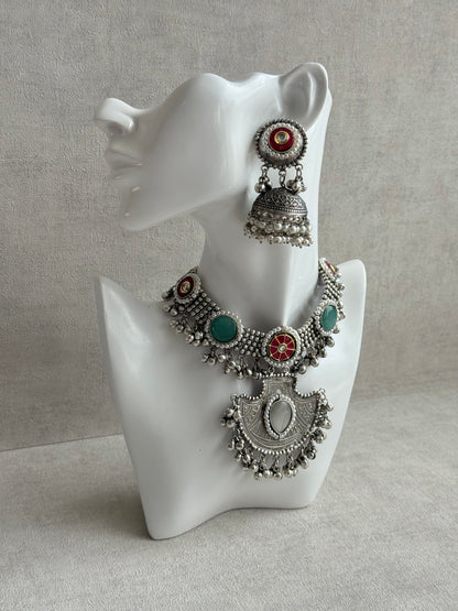 Ayura Designs Zareefa Necklace Set with Jhumkis – Oxidised Silver Pendant Necklace with Multicolour Stones, Pearl Detailing & Ghungroo Accents
