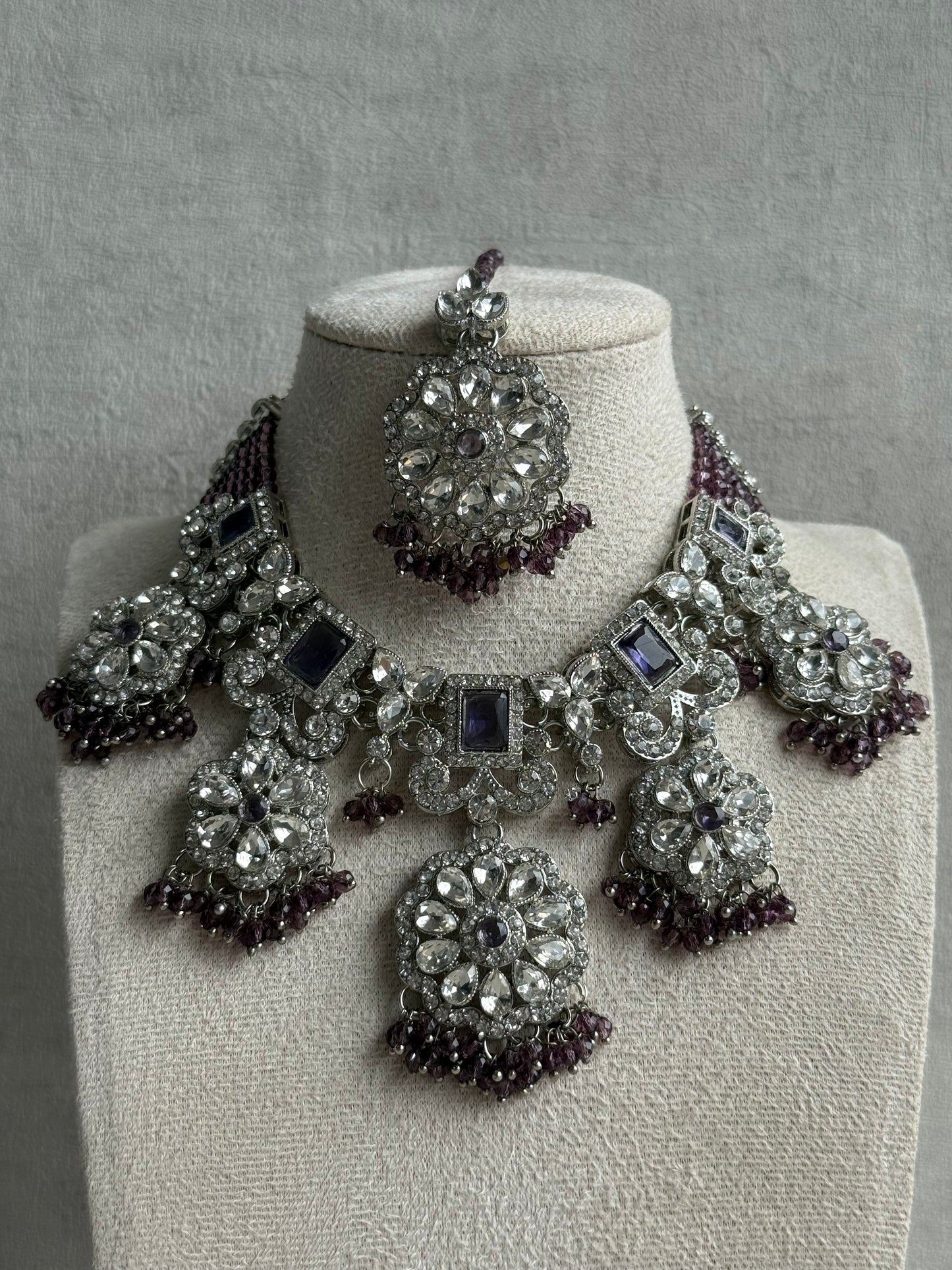 Ayura Designs Zarghuna Set with Jhumkis & Tikka – Mauve Beads, Mirror-Cut Stones & Silver Finish