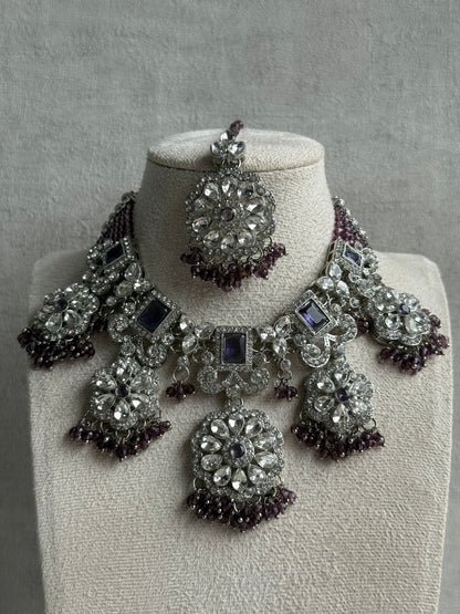 Ayura Designs Zarghuna Set with Jhumkis & Tikka – Mauve Beads, Mirror-Cut Stones & Silver Finish