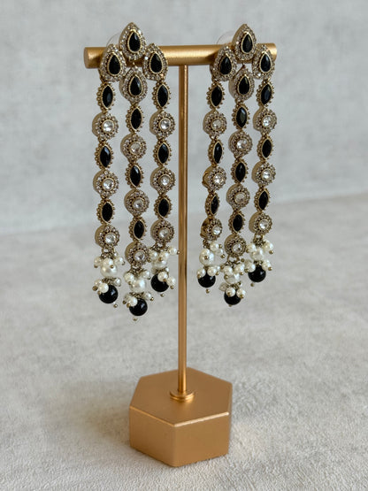 Ayura Designs Emilia Earrings – Gold Triple Strand Statement Earrings with Black Stones & Pearl Drops