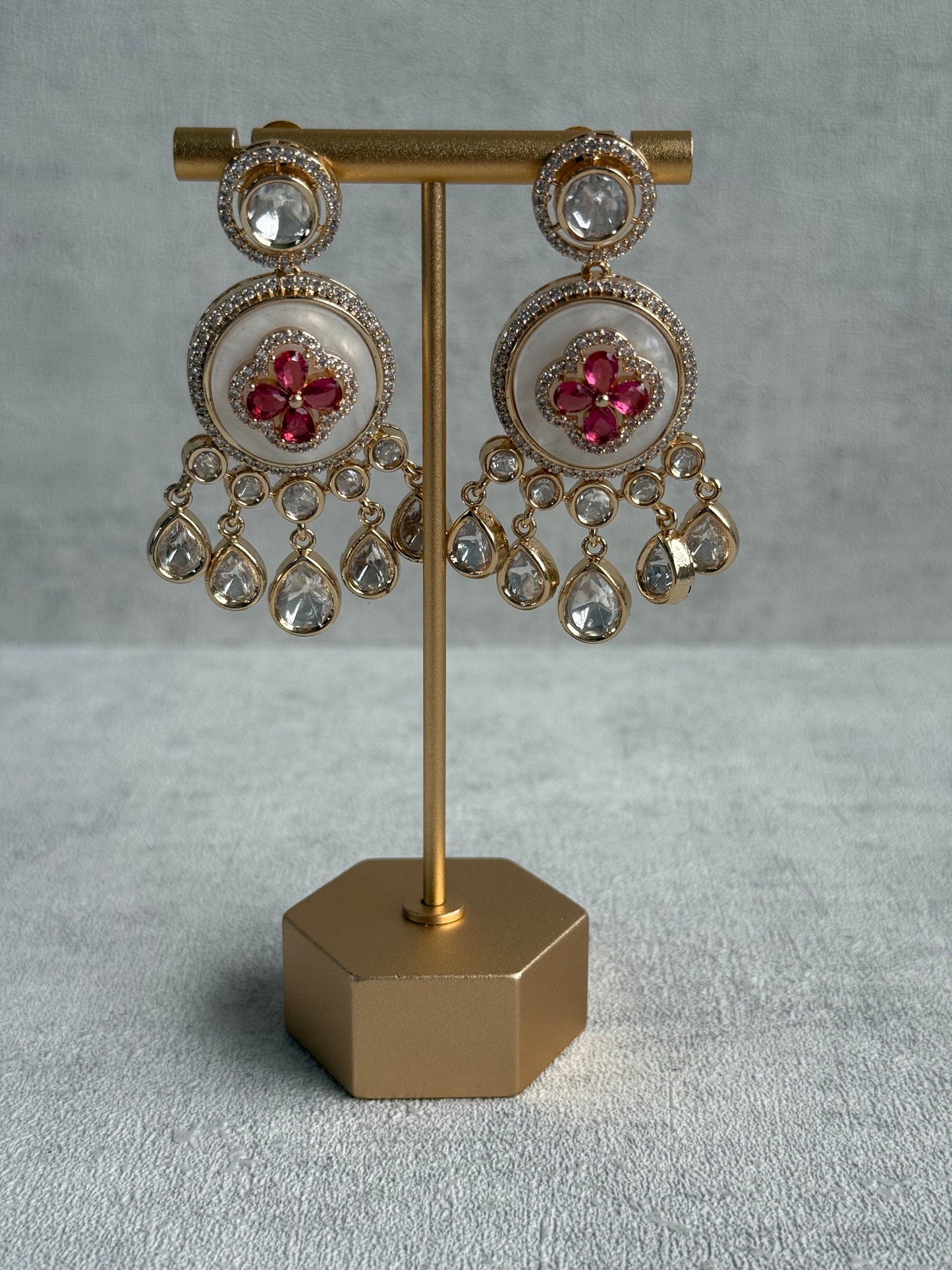 Ayura Designs Wisah Set – Necklace & Earrings with Mother of Pearl, Ruby Pink Stones & Mirror-Cut Detailing
