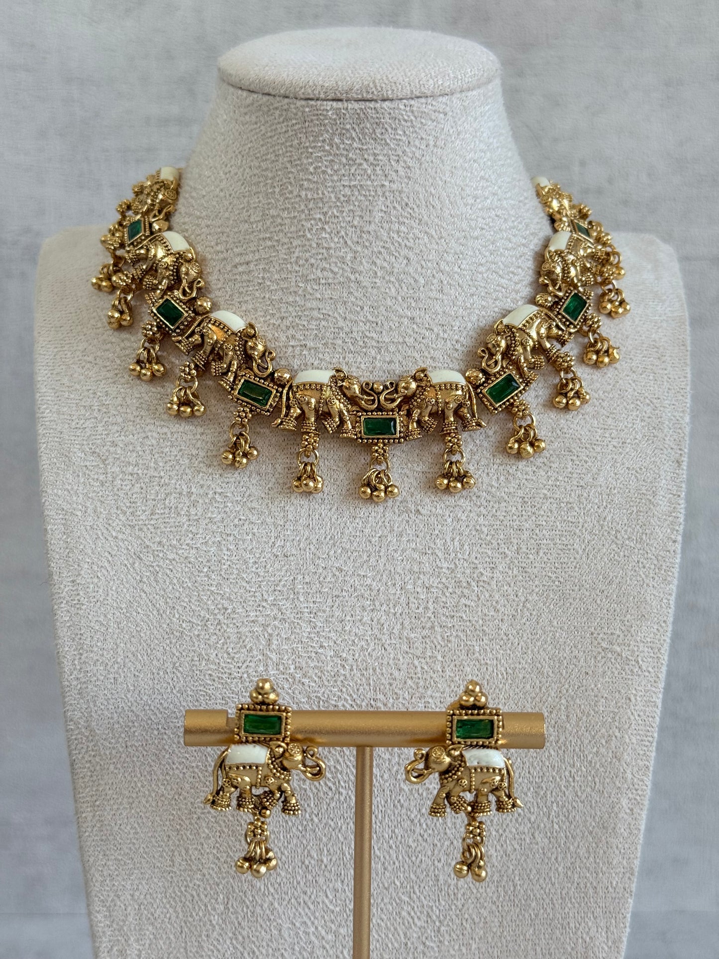 Ayura Designs Ruva Necklace Set with Earrings – Gold Finish, Emerald Green Stones, Ivory Detailing & Elephant Motifs