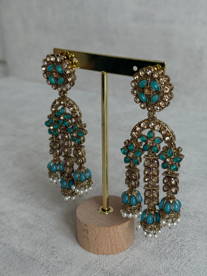 Ayura Designs Soraya Earrings – Turquoise Stones, Champagne Crystals, Pearl Detailing & Gold Finish