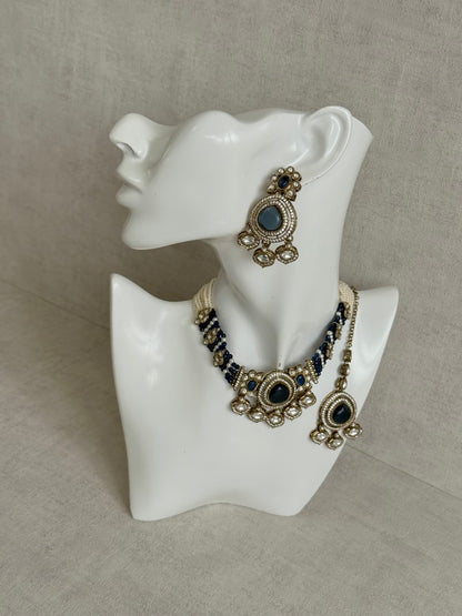 Ayura Designs Rahi Necklace Set with Earrings & Tikka – Ink Blue Stones with Mirror-Cut Detailing & Pearl Strands
