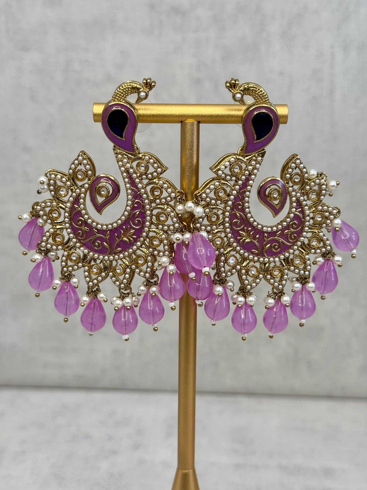 Ayura Designs Moorni Earrings – Peacock-Inspired Chandbalis with Lavender Meenakari, Kundan, and Pearl Accents