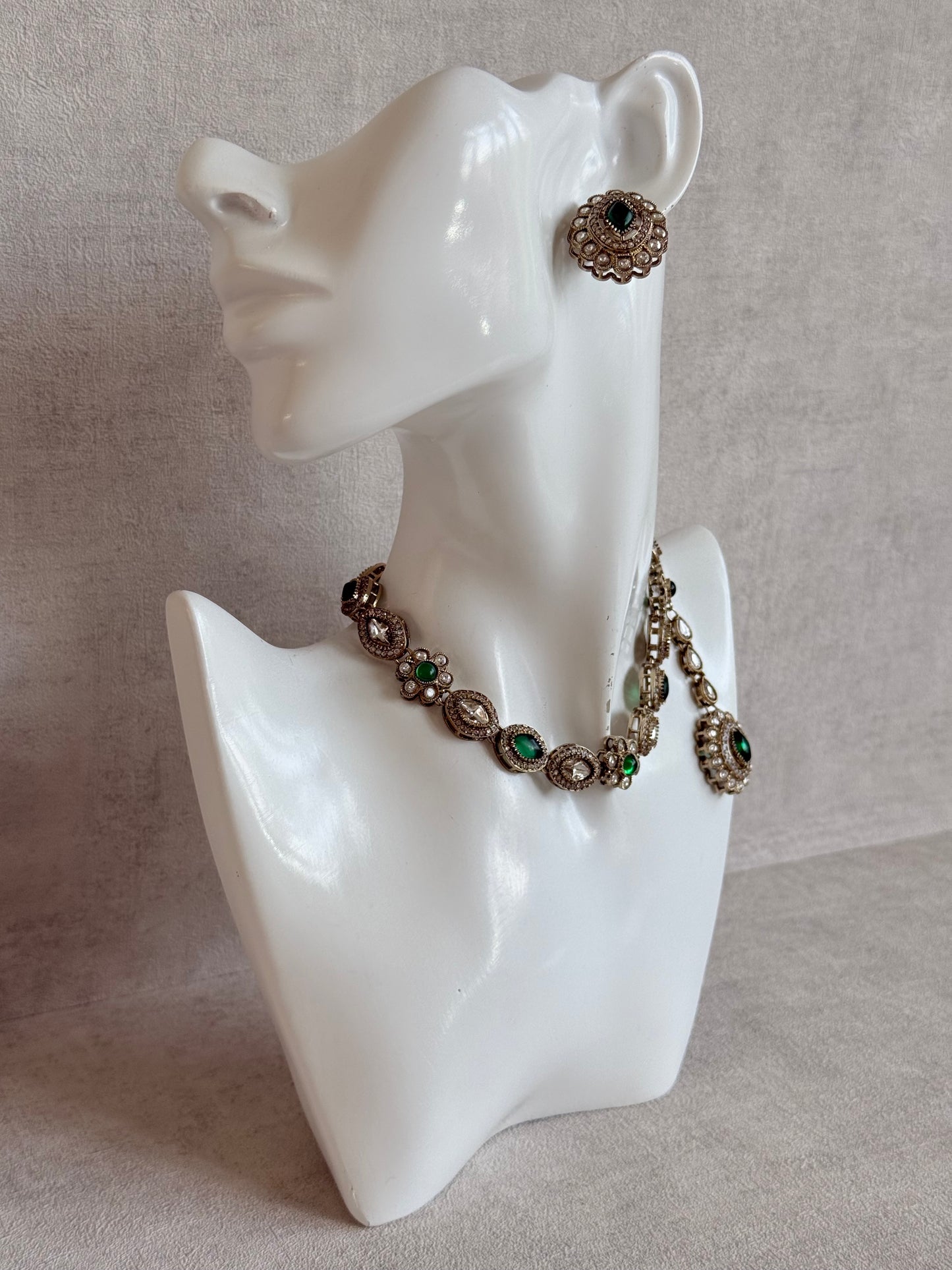 Ayura Designs Ivy Necklace Set with Studs & Tikka – Emerald Green Kundan Detailing