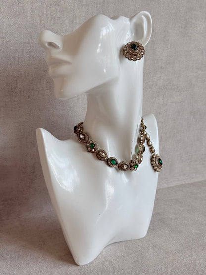 Ayura Designs Ivy Necklace Set with Studs & Tikka – Emerald Green Kundan Detailing