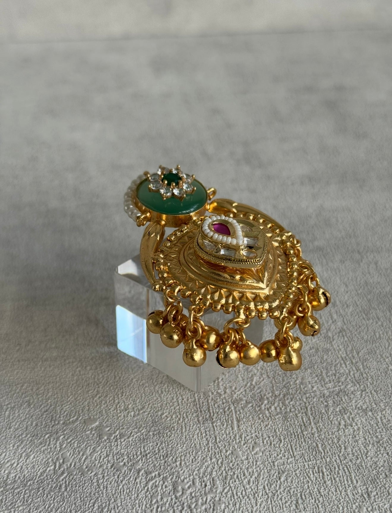 Ayura Designs Sorcha Adjustable Ring – Pistachio Green Enamel, Pearl Detailing, Antique Gold & Mirror-Cut Stones