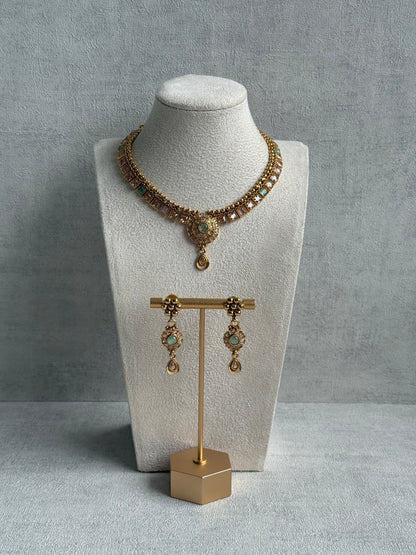 Ayura Designs Nithya Set – Gold Necklace & Earrings with Mint & Blush Stones and Mint Centre